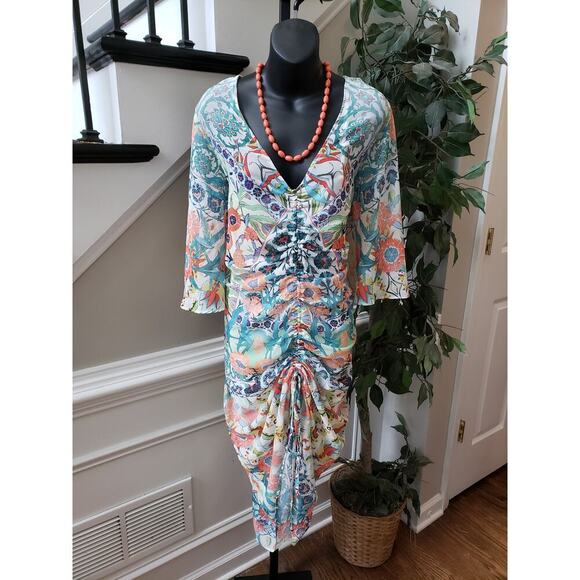 City Chic Dress Women Size 20 Multicolor Floral Ruched V Neck Midi Sheath - Picture 3 of 16